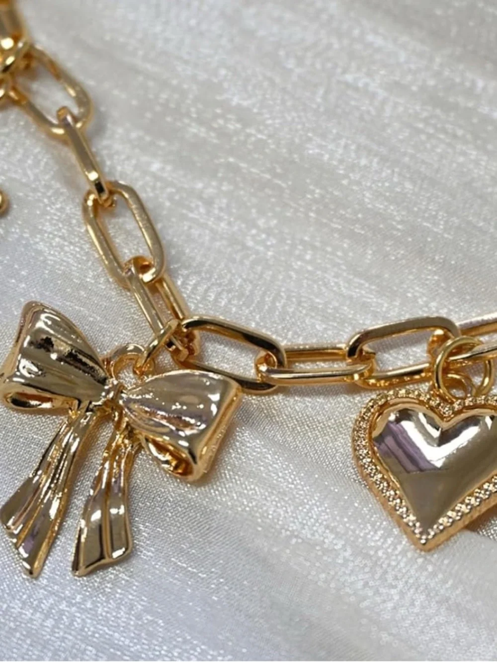 Gold Charm Bow Necklace with Heart & Star Charms - Women Jewelry